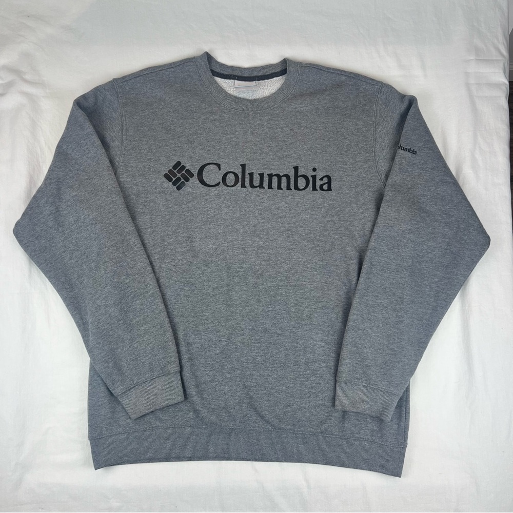 Columbia Sweater Mens Large Gray Pullover Logo Long Sleeve Fleece Crew Neck